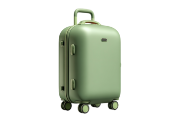 A light sage green hard-shell suitcase with two handles and four wheels is shown against a black background.  The suitcase is smooth and rounded, with subtle recessed details on its sides