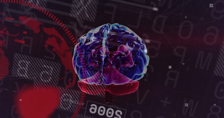 Rotating semi-transparent 3D brain model in digital network interface, with holographic overlays