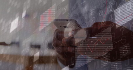 Professional in dark suit analyzing financial overlays on smartphone above wooden desk in office