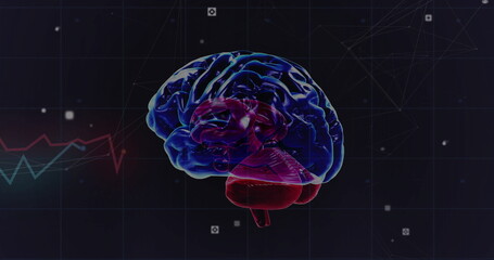 Floating 3D-rendered brain model glowing over grid background, with data nodes and waveform chart