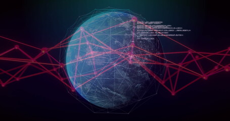 Hovering digital Earth globe with translucent wireframe mesh and magenta network web in cyberspace