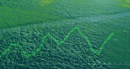 Illustrating neon green zigzag line graph overlaying farmland, with faint tire tracks, grid labels