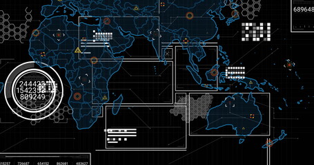 Displaying digital map interface showing data overlays on dark grid with hexagons and warning icons