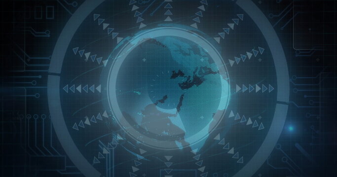 Displaying holographic Earth globe in data dashboard, with rings and arrows on circuit-board lines