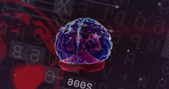 Rotating semi-transparent 3D brain model in digital network interface, with holographic overlays