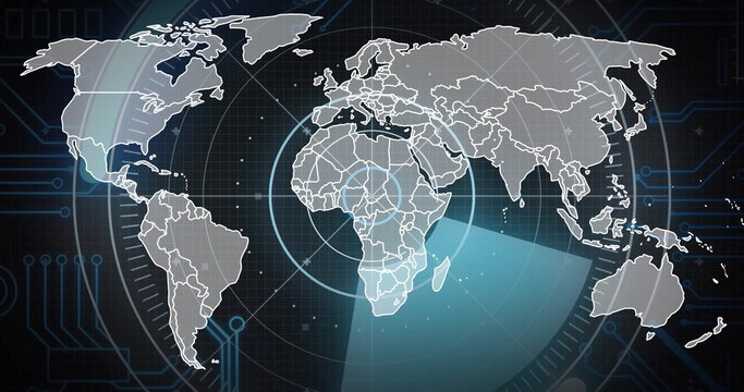 Displaying world map sweeping under scanning beam in console, with radar rings, circuit graphics