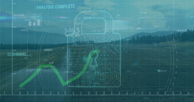 Displaying transparent circuit padlock icon glowing in grassy field, with green key graphic overlay