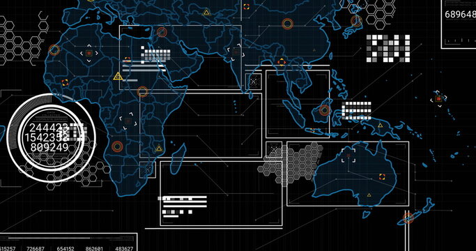 Displaying digital map interface showing data overlays on dark grid with hexagons and warning icons