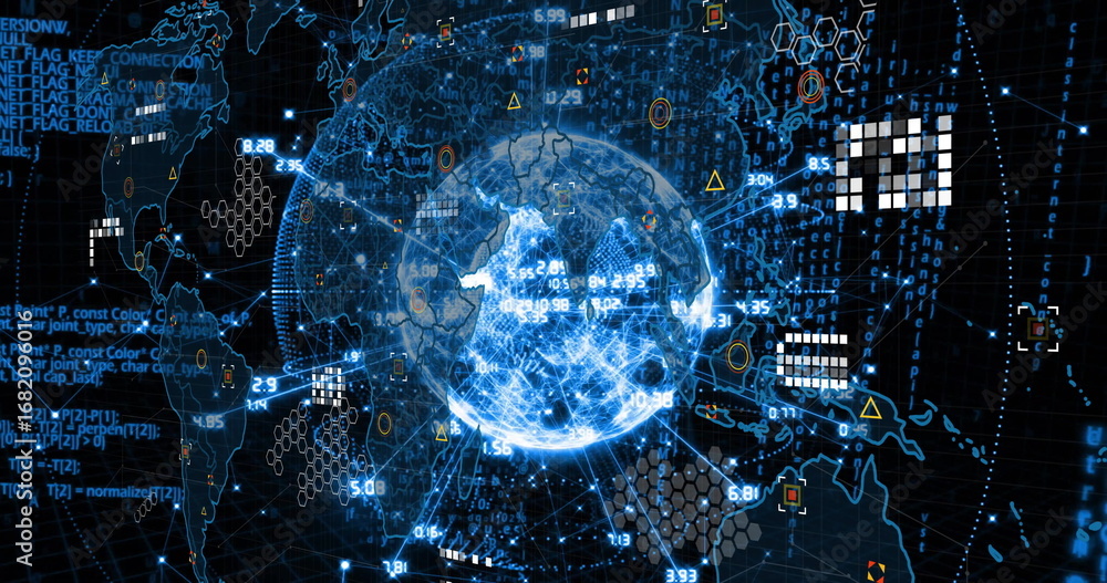 Fototapete displaying glowing digital earth globe spinning on dashboard, with hex grid clusters, code snippets