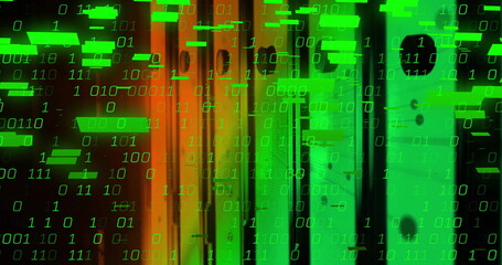 Glowing server rack displaying binary code in data center, with LED lights, network cables