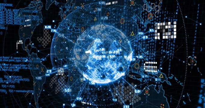 Naklejki Displaying glowing digital Earth globe spinning on dashboard, with hex grid clusters, code snippets