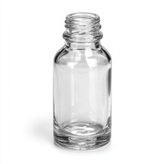 A clear glass bottle with a white background