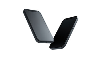 Two dark gray smartphones, angled, hovering