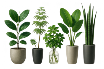 Row of potted plants with one of them being a snake plant. 3d isolated illustration on transparent background