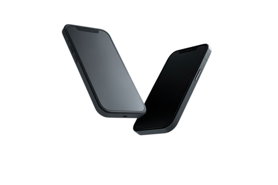 Two dark gray smartphones, angled, hovering