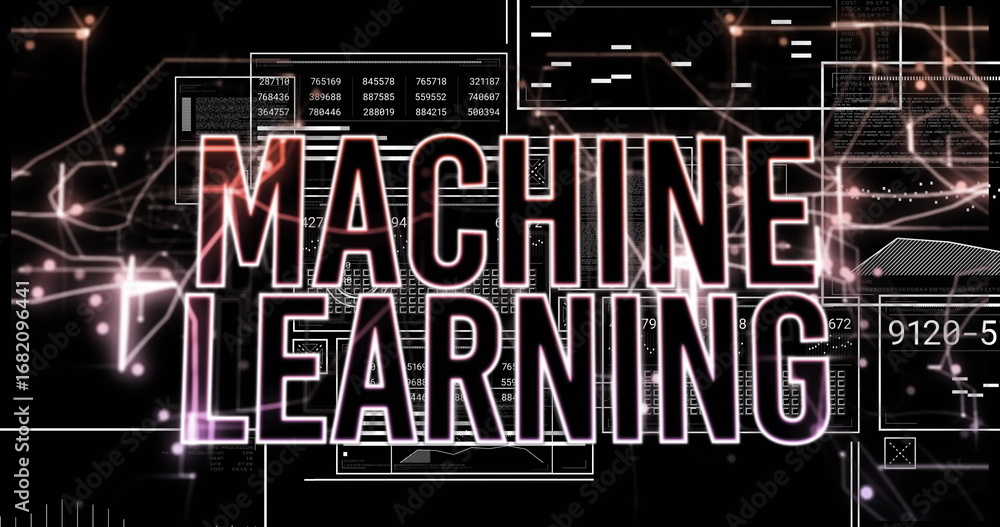 Aufkleber displaying neon machine learning text flashing over tech interface, with laptop icon, network nodes