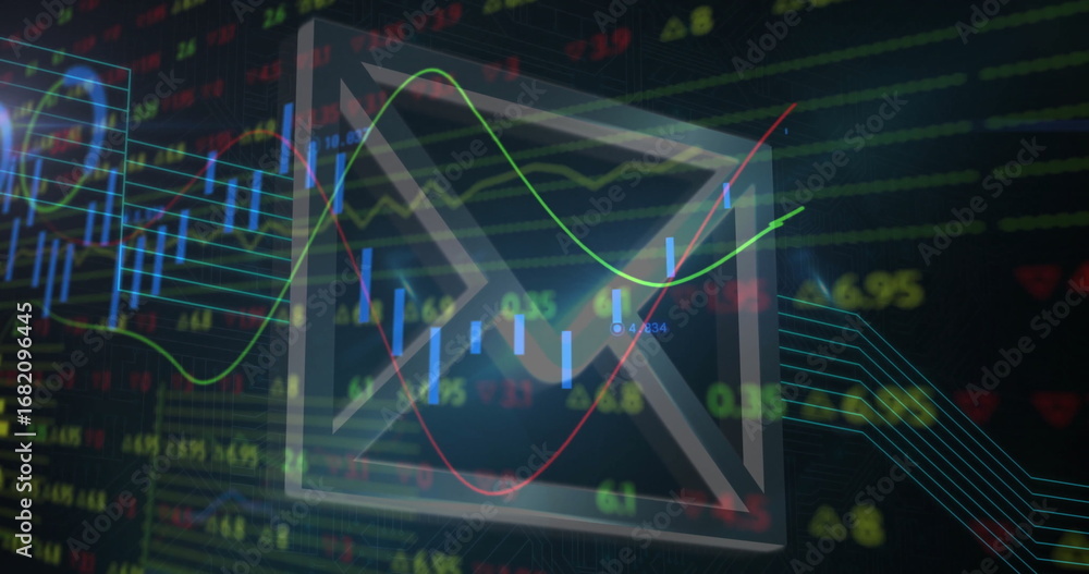 Poster showing envelope icon overlaying graphs, candlesticks in trading dashboard, ticker data and arrows