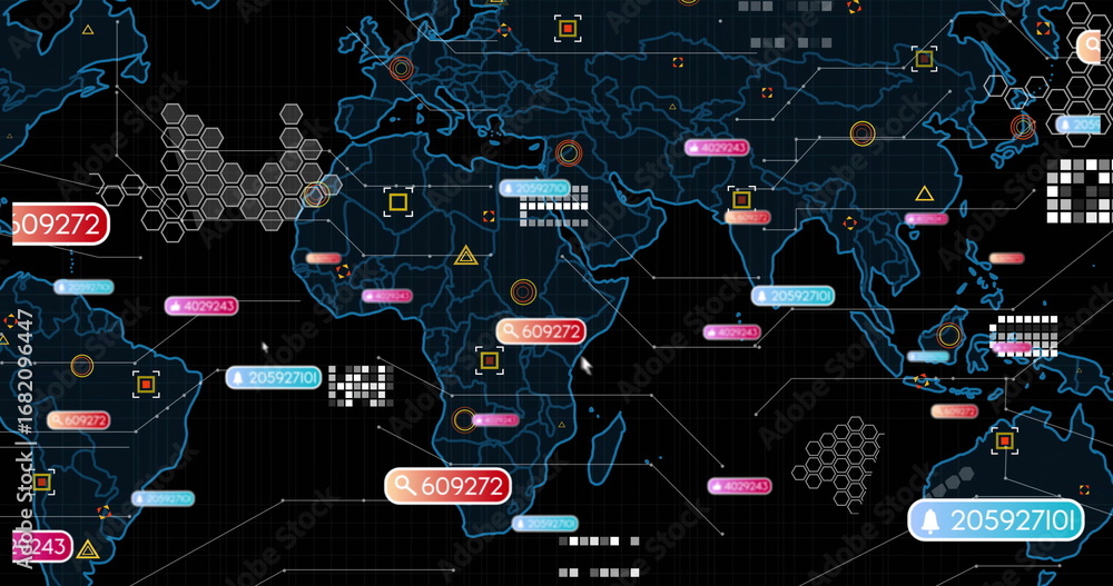Aufkleber displaying digital map showing data points in interface, with hex grids and numeric tags