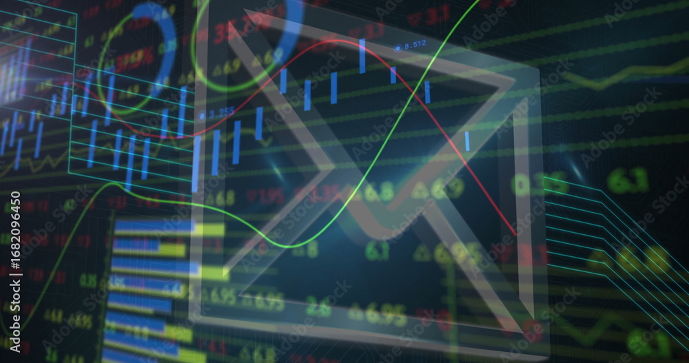 Aufkleber displaying envelope icon overlapping dashboard with candlestick charts, bar graphs and tickers