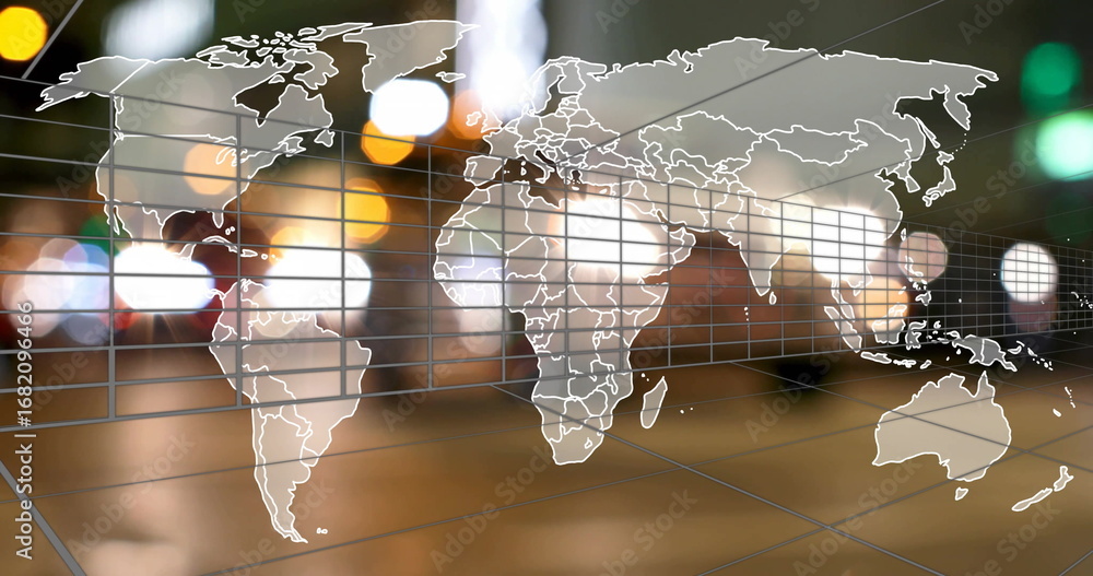 Poster displaying translucent white map outline rotating on 3d grid in control-room interface, with bokeh