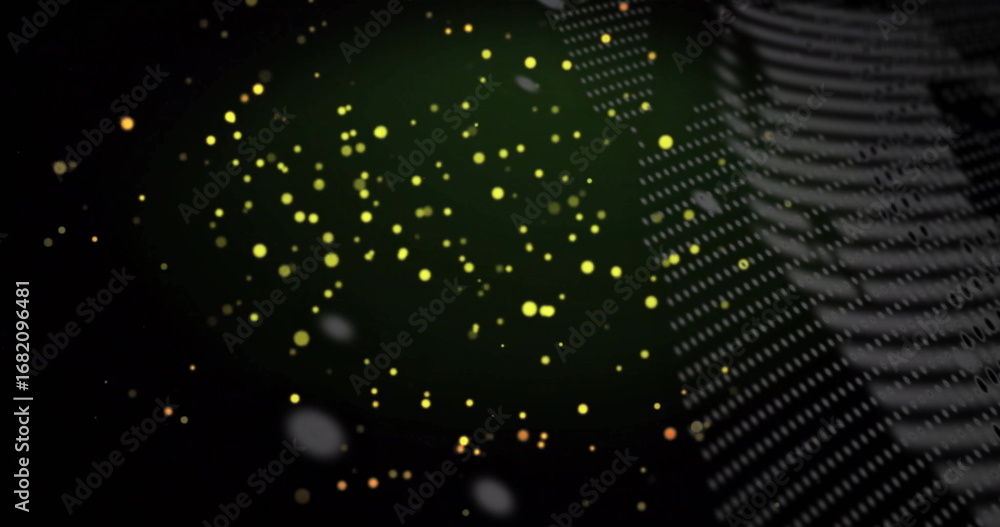 Poster floating glowing particle cluster drifting in virtual 3d environment, with white dotted grid mesh
