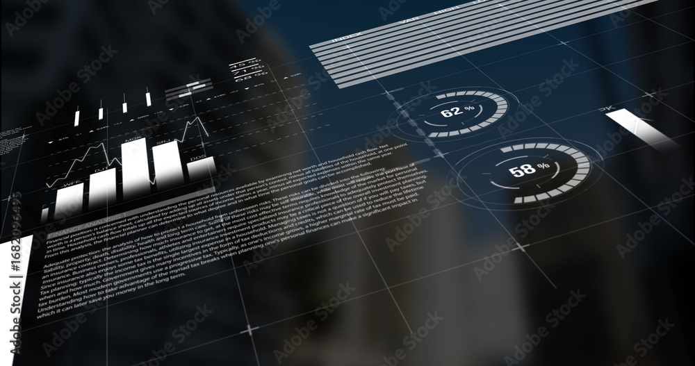 Poster showing futuristic hud over highrise featuring bar and line graphs, progress indicators, text grid