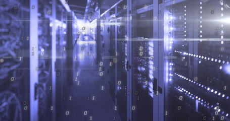 Illuminating server rack showing blinking LEDs in data center aisle, with binary flow, copy space