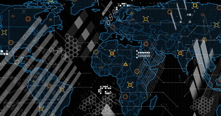 Displaying blue global map outline over numeric overlays and connecting lines on grid dashboard