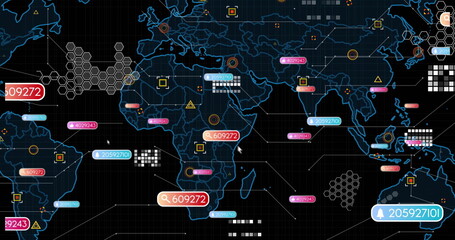 Obraz premium Displaying digital map showing data points in interface, with hex grids and numeric tags