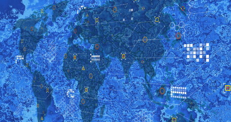 Displaying world map silhouette in digital environment, with connecting geometric data nodes