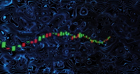 Displaying green and red candlestick bars rippling in data landscape, with neon contours, mesh grid