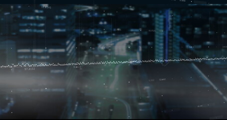 Naklejka premium Displaying dotted waveform overlaying night city streets overhead, with numeric labels and markers