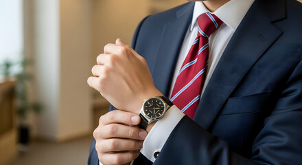 Elegant Timekeeper: A sharply dressed individual, showcasing a high-end wristwatch while adjusting their cuff. The scene captures the essence of precision, style, and timelessness.