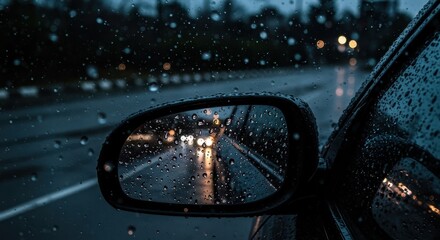 A close-up view of a car's side mirror reflecting a rainy night scene, showcasing the raindrops clinging to the glass and the soft, diffused lights of the street.