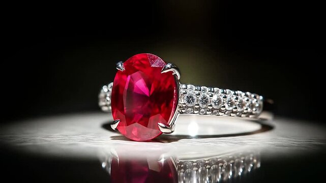 Close-up of ruby ring with shimmering gemstone glow, cinematic elegance