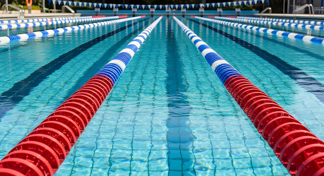 The Vibrant Dive: An empty swimming pool, lines and lane markers stand still. The clear, turquoise water. Reflecting the sun's rays. A symbol of summer fun and competitive sport. - Powered by Adobe
