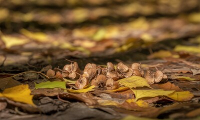 Fallen leaves and nuts on forest floor, autumnal scene