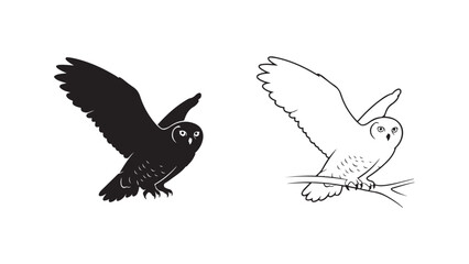 Owl silhouette and outline perched on branch with transparent background