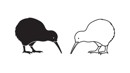 Kiwi bird silhouette and outline with transparent background
