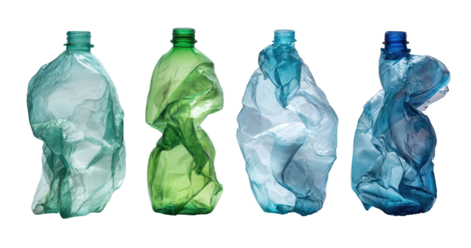 Wrinkled plastic bottles of varying colors