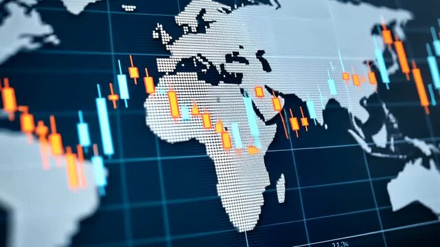 Candlestick stock chart laid over a world map on a dark blue grid pattern