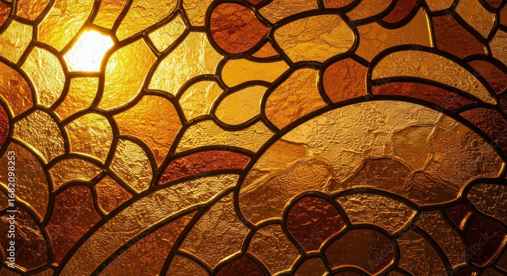 Poster a close-up view of intricate stained glass, displaying a captivating array of warm golden and amber 
