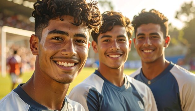 Three young men, beaming smiles, stand together on a soccer field, filled with positive energy and optimism.