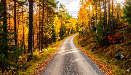 Fototapeta premium A winding dirt road through a vibrant autumn forest bathed in golden light.