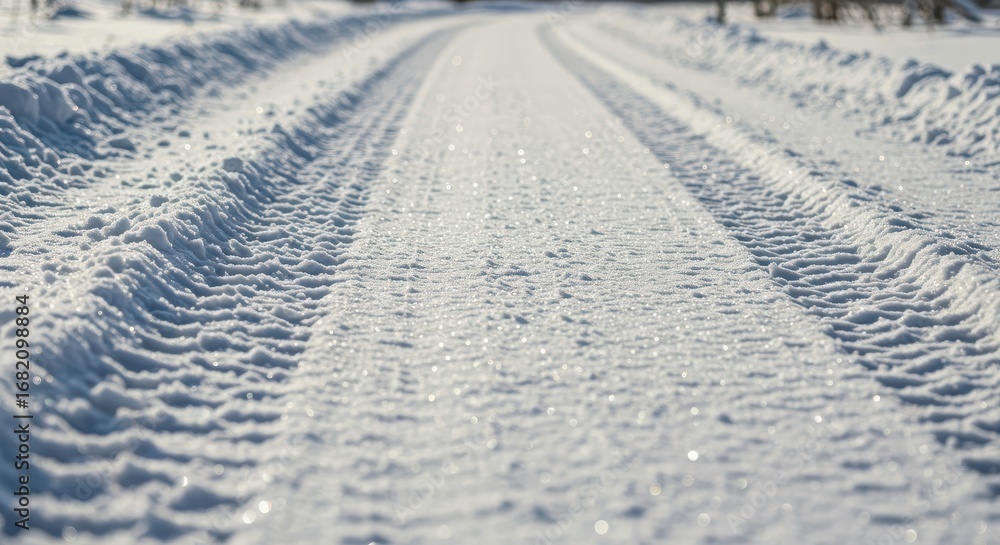 Aufkleber tire tracks are clearly visible in the pristine snow-covered path, showcasing intricate patterns and