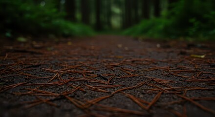 Close-up view of a forest path covered with fallen pine needles, showcasing a detailed texture and muted color palette.