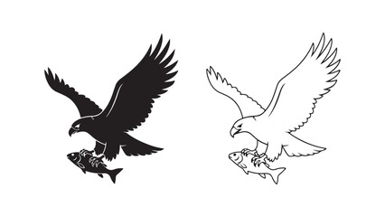 Eagle catching fish, black and white outline