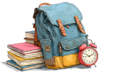 Backpack with notebooks and clock, isolated on white PNG