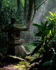 Ancient Stone Lantern In Misty Japanese Garden
