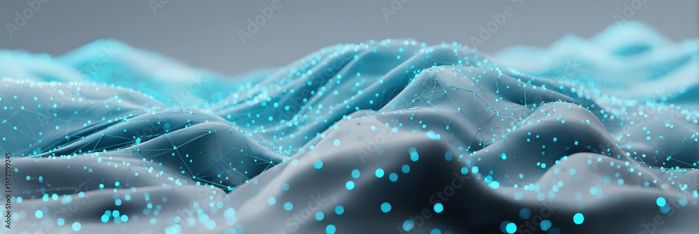 Poster waves of fabric flow smoothly, illuminated by glowing particles, creating a surreal digital landscap